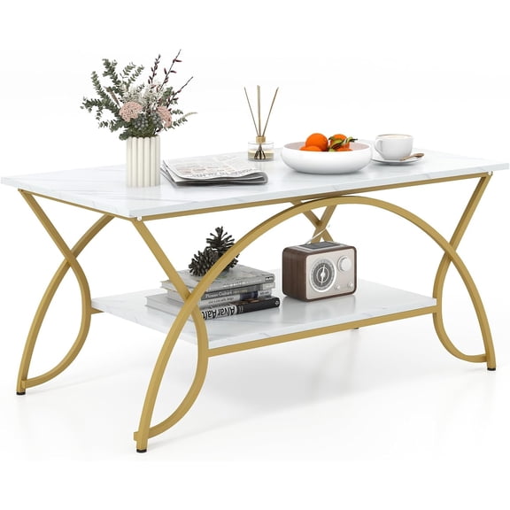 CHTER Marble Coffee Table, 2-Tier Modern Faux Marble Accent Table with Storage and Gold Finished Metal Frame, Chic Rectangular End Table for Living Room Office Lounge
