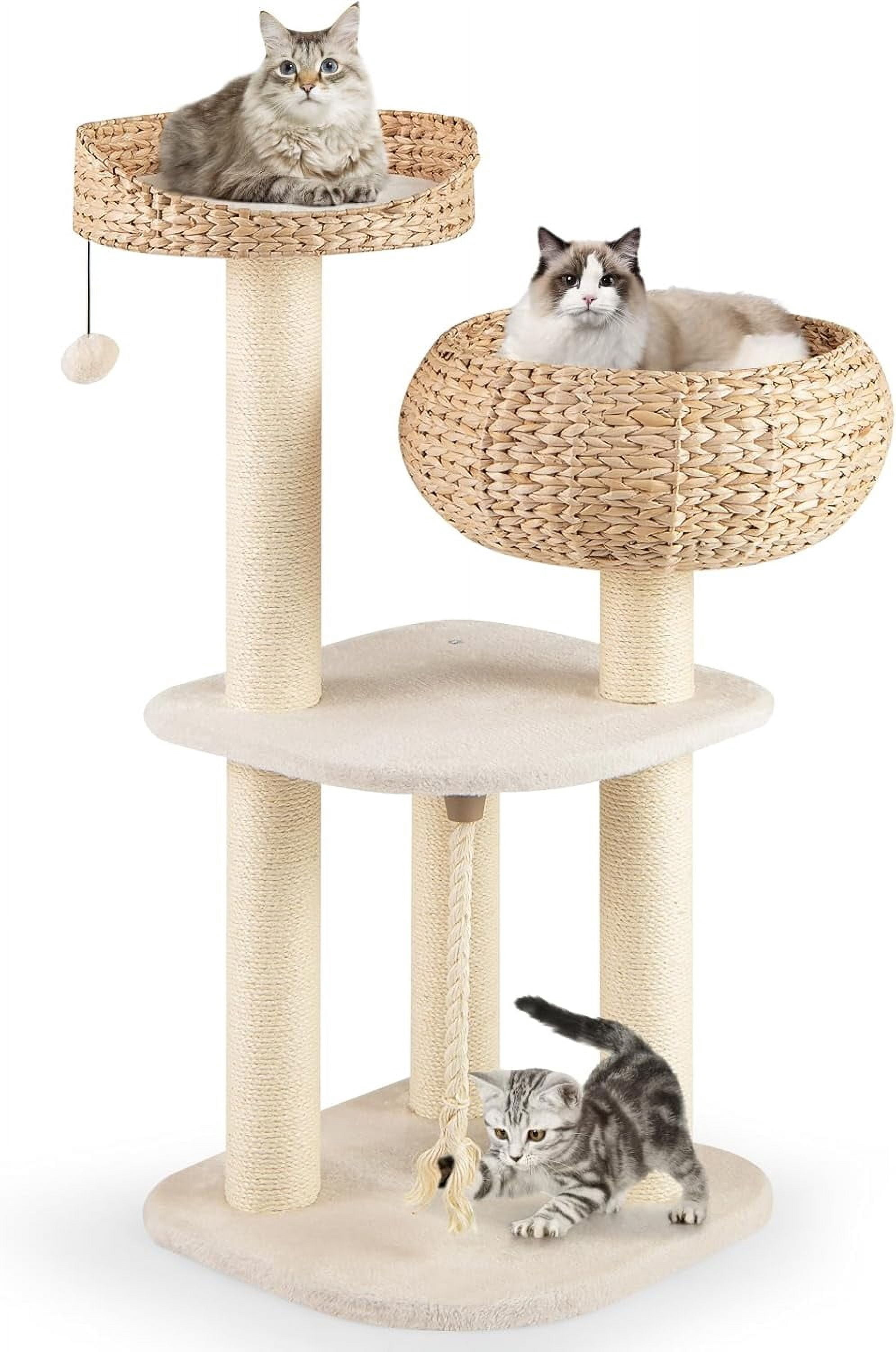 CHTER Modern Cat Tree, Tall Cat Tower with Natural Sisal Scratching Post, Hand-Made Wicker Cat Condo & Top Perch, Funny Hanging Toy Ball, Cute Cat Tree Tower for Indoor Cats