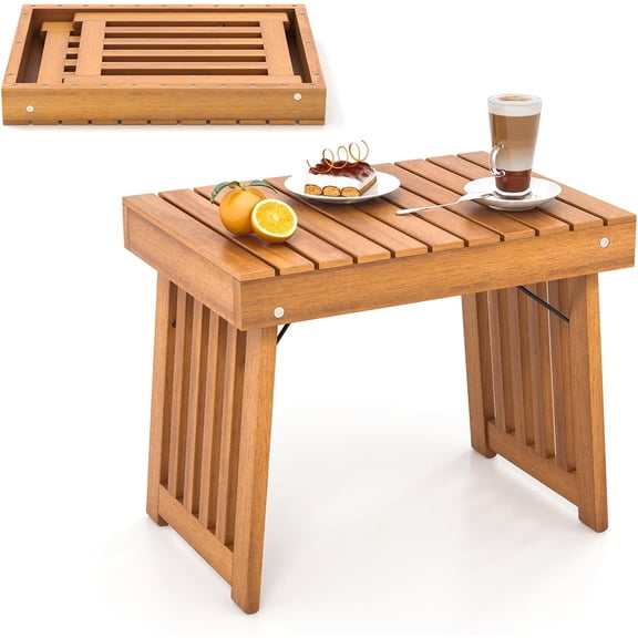 CHTER Outdoor Folding Side Table, Foldable Patio Acacia Wood End Table with Slatted Tabletop & Leg Frame, Small Outside Table for Backyard Poolside Porch (Teak Finish)
