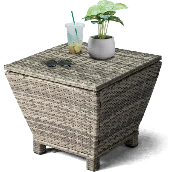 CHTER Outdoor Side Table with Storage, 13-Gallon Patio Deck Box Outdoor Wicker Side Table for Poolside Balcony Storage Table (Grey, Trapezoid)