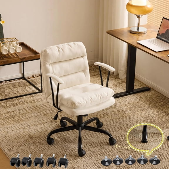 CHTER Padded White Desk Chair with/No Wheels,Dual-Base,Removable Armrests,Adjustable Comfy Rolling Swivel Computer Task Nail Tech Chair for Home Office,Sewing,Makeup Vanity,Teen,Linen Fabric