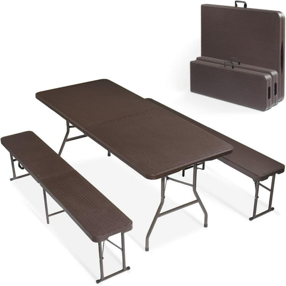 CHTER Picnic Table Set with 2 Benches, 6 Feet Camping Table Chair Set, 3-Piece Folding Furniture for Indoor or Outdoor Use, Rattan Patterned Tabletop, Brown