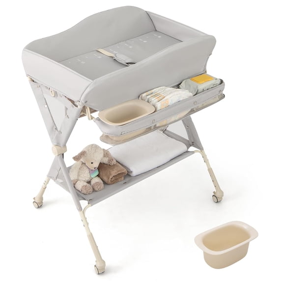 CHTER Portable Baby Changing Table, Foldable Diaper Changing Station w/Wheels, Adjustable Height, Large Storage Rack, Water Basin, Safety Belt, Mobile Nursery Organizer for Newborn Infant (Gray)