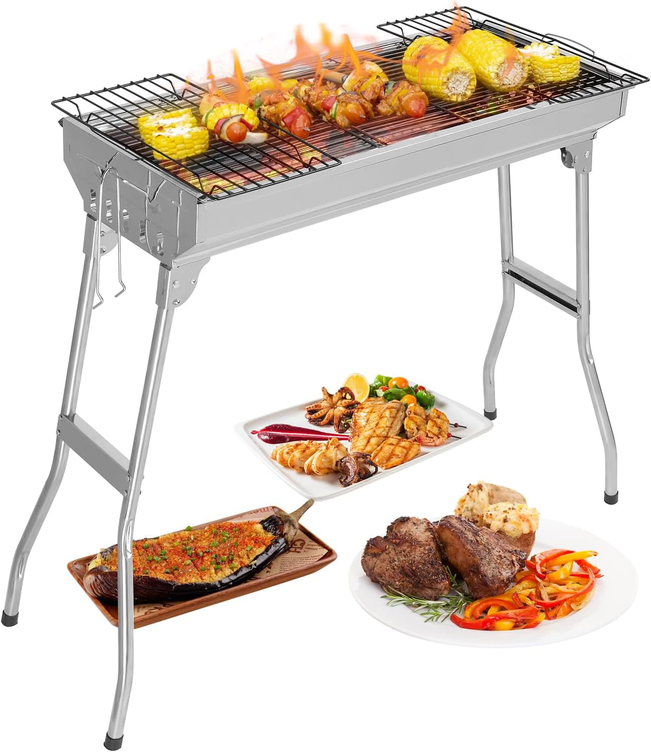 CHTER Portable Charcoal Grill, 28x 13 x 27" Foldable Barbecue Grill, Stainless Steel BBQ Grill for Outdoor Cooking Camping Hiking Picnic Garden Beach Party