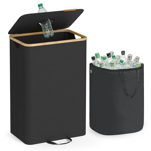 CHTER Recycling Bin for Kitchen 26.4 Gallon. Bottle Recycling Container, Collection Bin, for Metal, Plastic, Paper, Glass, Inner Bag with Handles, Kitchen, Ink Black and Natural Beige URRB509B01