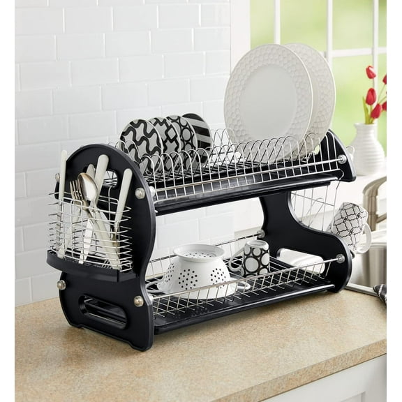 CHTER Retro 2-Tier Dish Rack, Space-Saving Design, Durable Plastic and Chrome-Plated Wire, Easy Assembly (Black)