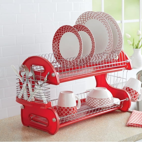 CHTER Retro 2-Tier Dish Rack, Space-Saving Design, Durable Plastic and Chrome-Plated Wire, Easy Assembly (Delicious Red)