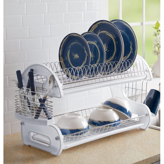 CHTER Retro 2-Tier Dish Rack, Space-Saving Design, Durable Plastic and Chrome-Plated Wire, Easy Assembly (White)