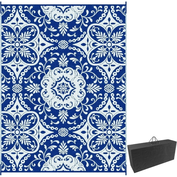CHTER Reversible Outdoor Rug Carpet, 9' x 12' Waterproof Plastic Straw Rug, Portable RV Camping Rugs with Carry Bag, Large Floor Mat for Backyard, Deck, Picnic, Beach, Blue & White Floral