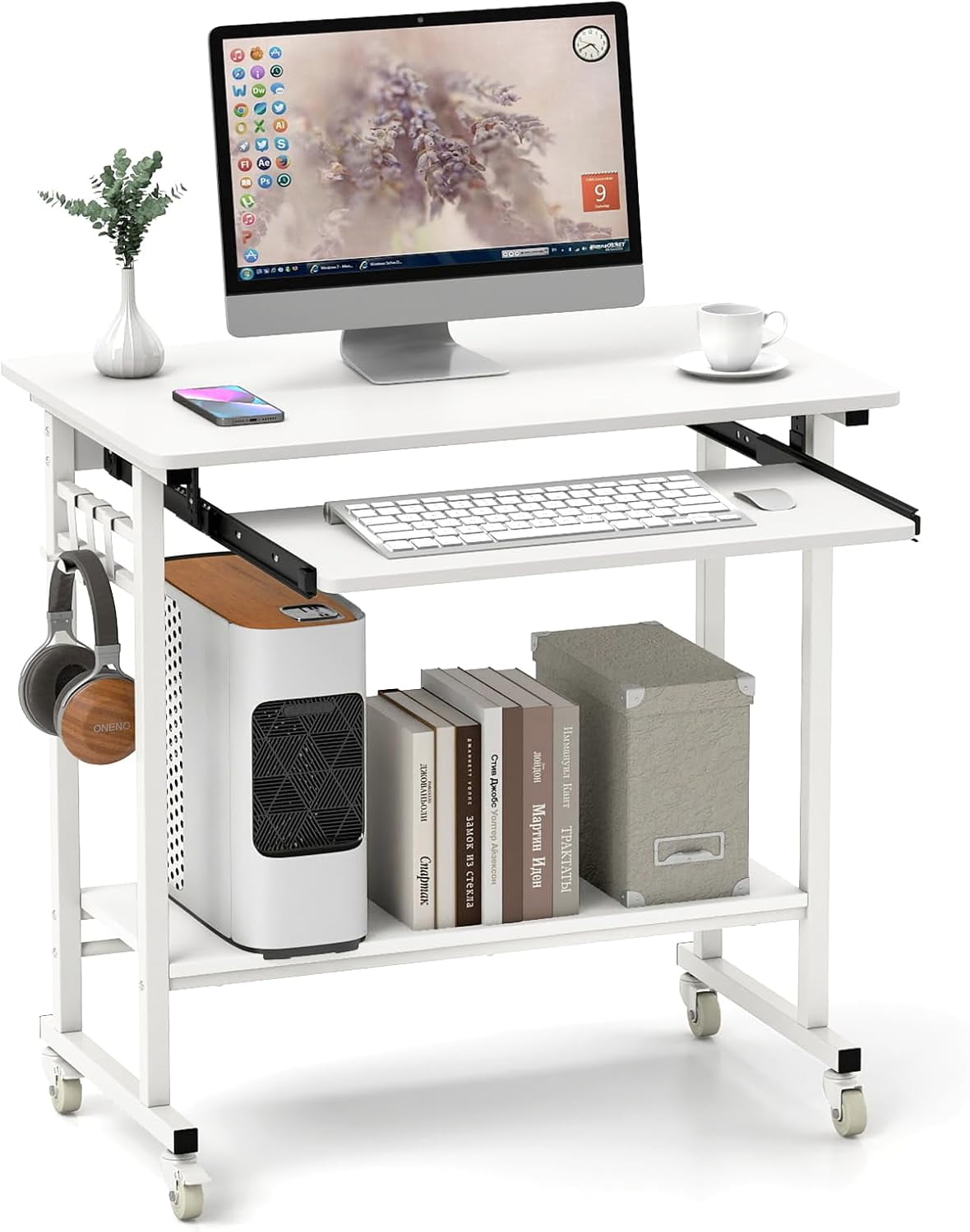 CHTER Rolling Computer Desk Cart with Keyboard Tray, Mobile Portable Laptop PC Desk with CPU Stand & 3 Hooks for Sofa & Bed, Compact Small Desk on Wheels for Small Spaces (White)