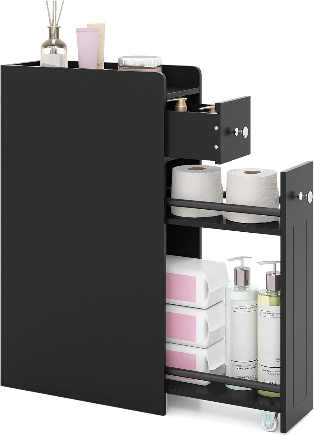 CHTER Slim Bathroom Storage Cabinet, 4-Tier Narrow Small Side Storage Cabinet Next to Toilet, Slide Out Drawers on Casters, Bathroom Floor Organizer Toilet Paper Holder for Small Spaces (Black)