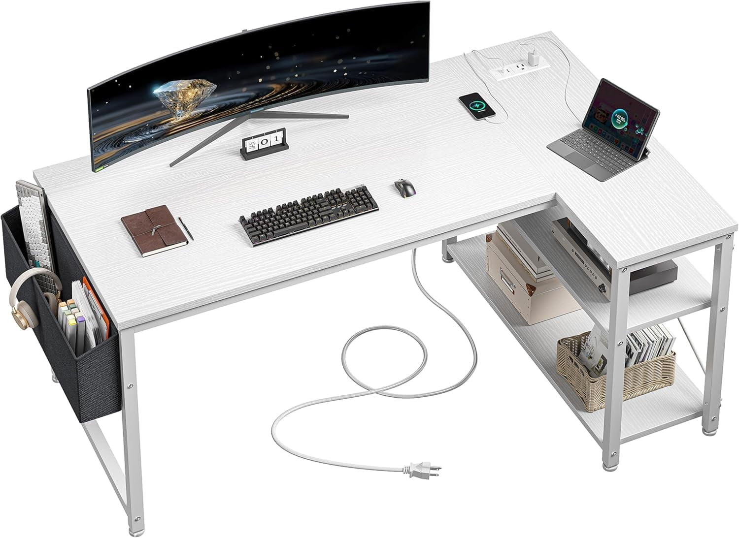 CHTER Small Computer Desk with Storage Shelves & Side Bag, 40 Inch L Shaped Gaming Desk with Power Outlets, Corner Desk Study Writing Table for Home Office Bedroom Living Room, White