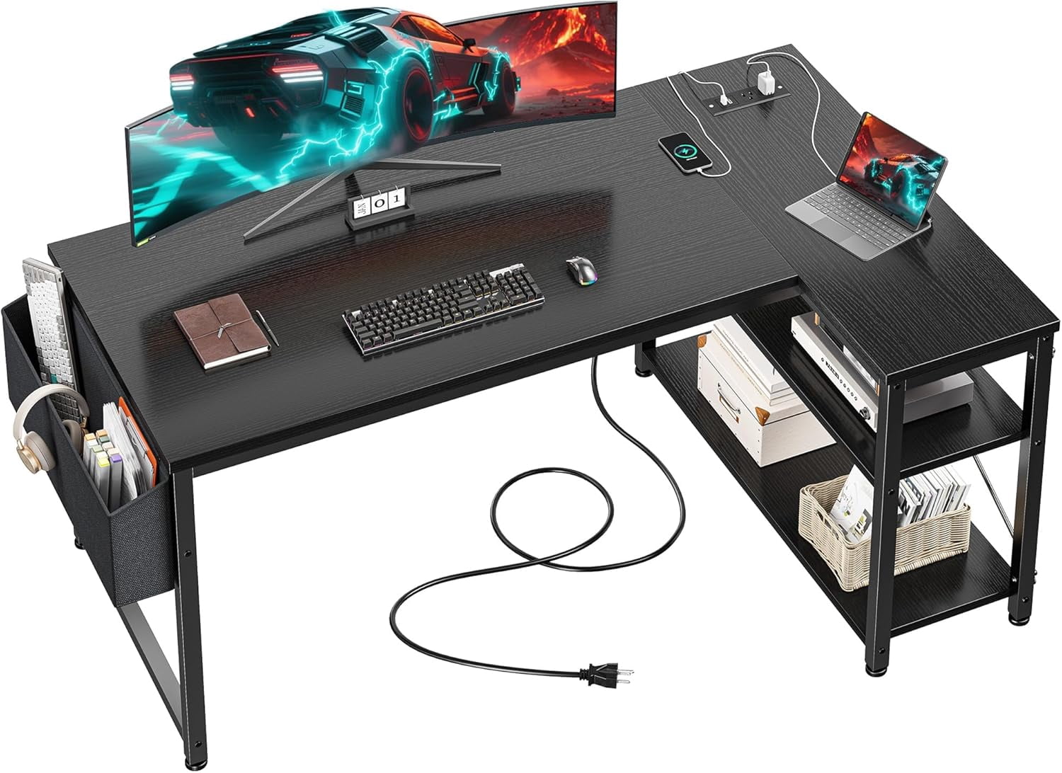 CHTER Small Computer Desk with Storage Shelves & Side Bag, 40 Inch L Shaped Gaming Desk with Power Outlets, Corner Desk Study Writing Table for Home Office Bedroom Living Room, Black