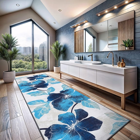 CHTER Solana Modern Floral 2' x 7' Area Rugs Non-Skid (Non-Slip) Rubber Backing Blue - Gray Flowers Indoor Rug (2x7, Blue Grey)