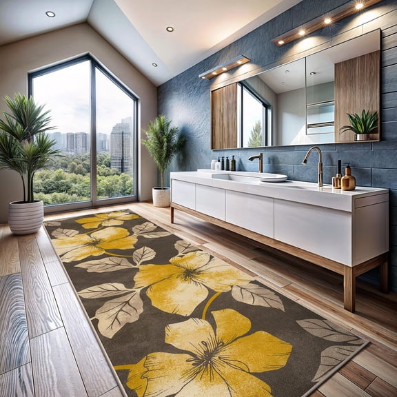 CHTER Solana Modern Floral 2' x 7' Area Rugs Non-Skid (Non-Slip) Rubber Backing Yellow - Brown Flowers Indoor Rug (2x7, Yellow Brown)