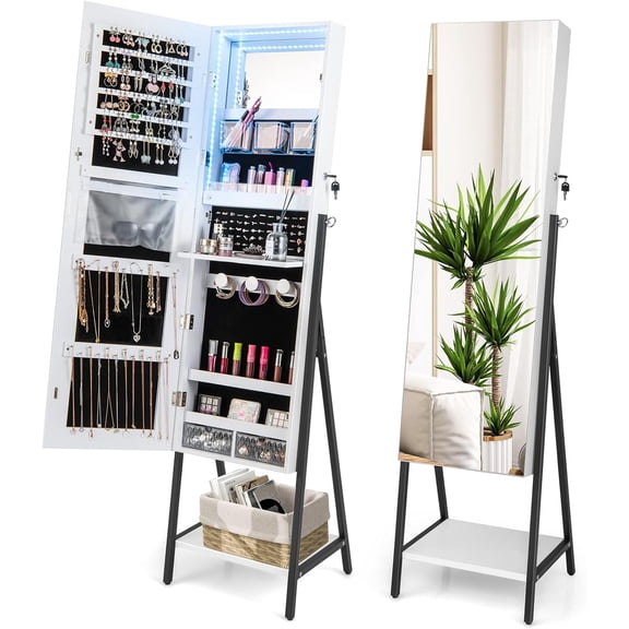 CHTER Standing Jewelry Armoire with Full Length Mirror, Lockable Jewelry Cabinet Organizer with Lights, 3 Lighting Modes, Foldable Makeup Tray, Storage Drawers & Shelves (White)