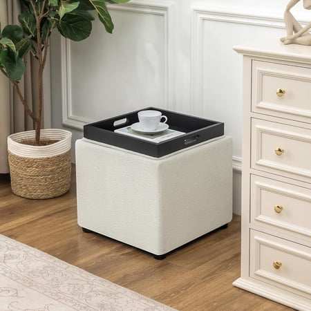 CHTER Storage Square Ottoman with Tray, Small Fabric Foot Rest Stool Cube, Coffee Table for Dorm Living Room Bedroom, White
