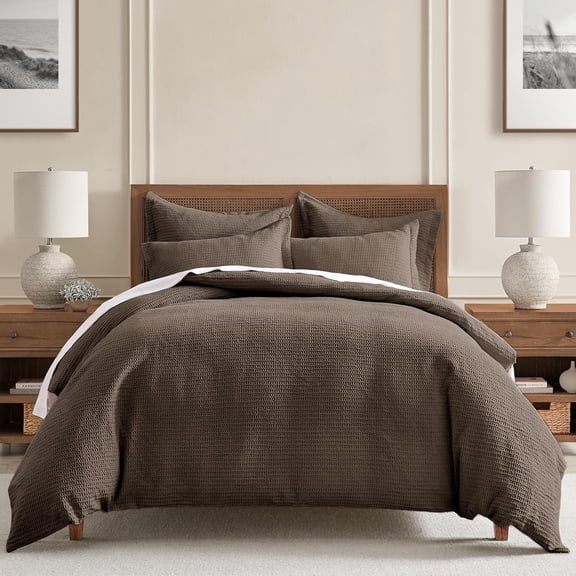 CHTERCloud Waffle Full/Queen Comforter Set (90x94in) with 2 Pillow Shams (26x20in) - Solid Waffle Cotton Texture - Cocoa - 100% Cotton Full/Queen Size Comforter Set - Soft, Pre-Washed