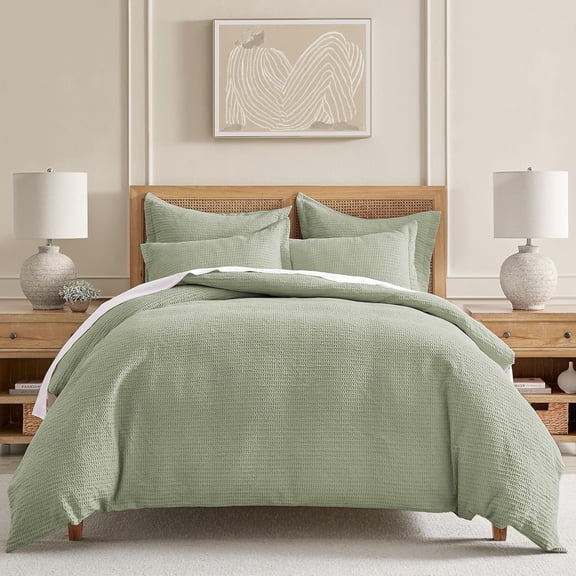 CHTERCloud Waffle King Duvet Cover Set (106x94in) with 2 Pillow Shams (36x20in) - Solid Waffle Cotton Texture - Desert Sage - Cotton King Size Duvet Cover Set - Soft, Pre-Washed