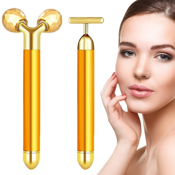 CHUANK 2-IN-1 Beauty Bar 24k Golden Pulse Facial Face Massager, Electric 3D Roller and T Shape Massager Skin Care Tools, Gift Set for Face Lift Anti Wrinkles Skin Tightening Face Firming
