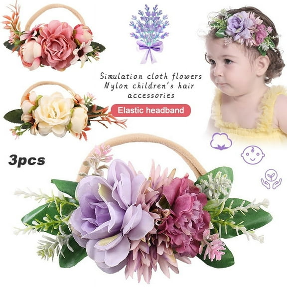 CHUANK 3 Pack Baby Girls Floral Headbands Lightweight Nylon Elastic Crown Flower Hair Band --Super Soft & Stretchy Nylon Floral Hairbands For Newborn Infant Toddler