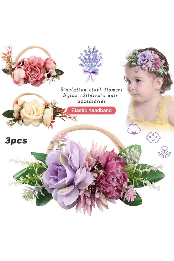 3 Pack Baby Girls Floral Headbands Lightweight Nylon Elastic Crown Flower Hair Band --Super Soft & Stretchy Nylon Floral Hairbands For Newborn Infant Toddler