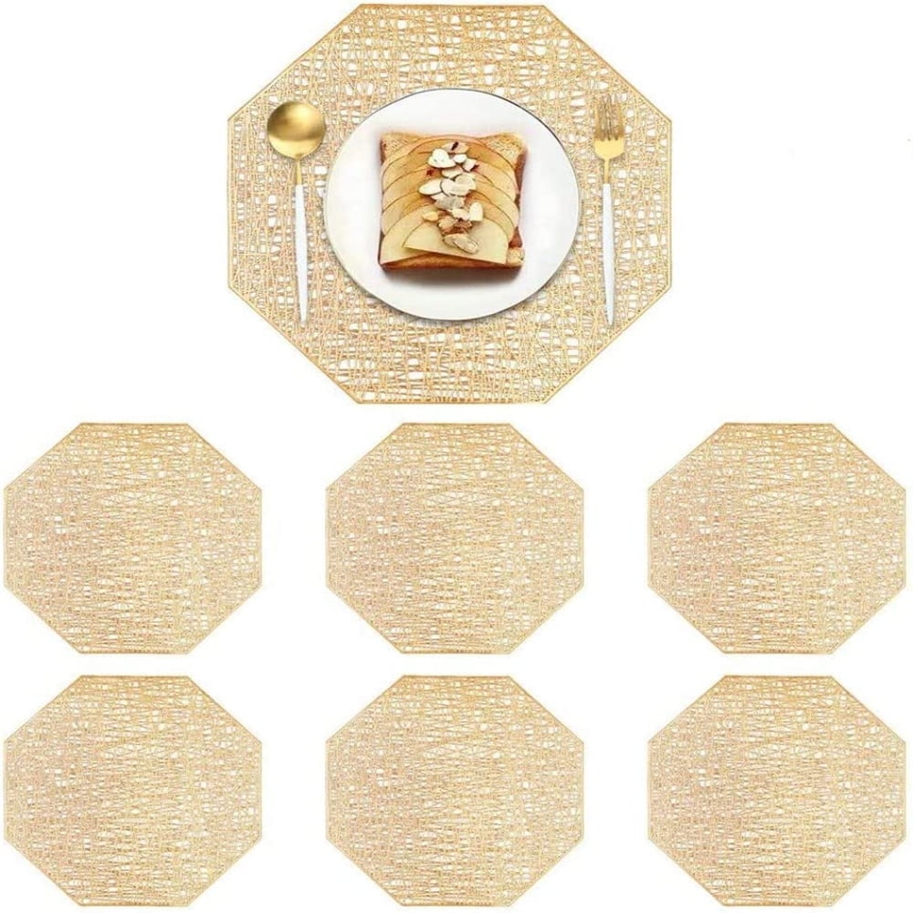 CHUANK 6 Pieces Gold Octagon Placemats Laminated Vinyl Dining Table Decorative Placemat Non-Slip ...