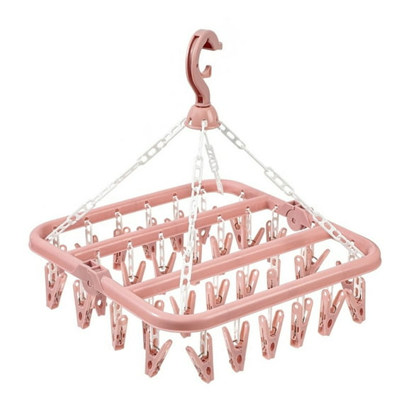 CHUANK Clothes Drying Hanger with 32 Clips and Drip Foldable Hanging Rack (Pink)