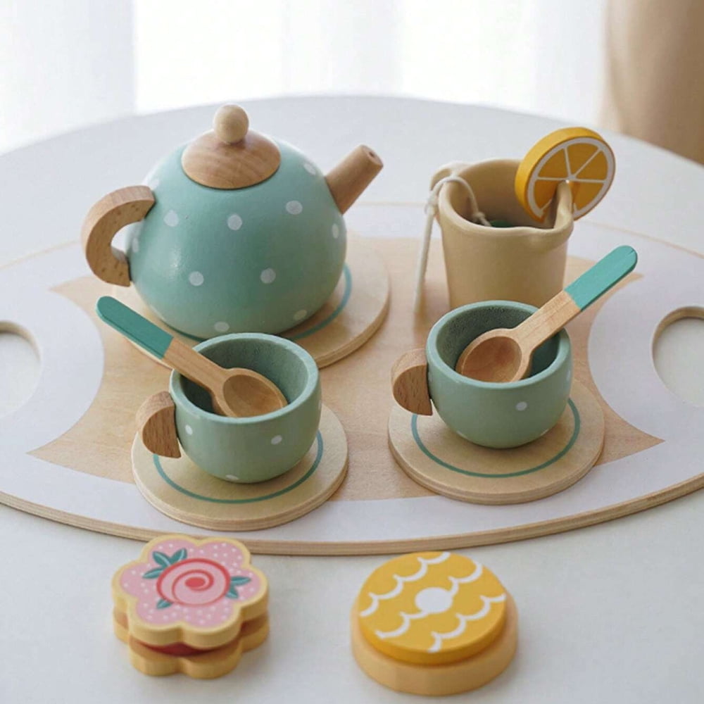 CHUANK Wooden Tea Set for Little Girls,Wooden Toys Toddler Tea Set Play