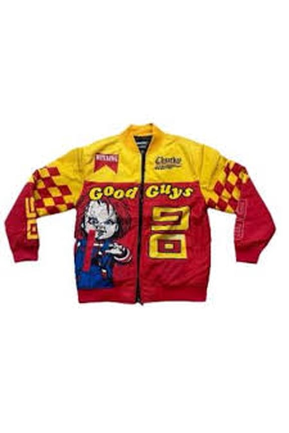 CHUCKY REASON Good Guys Racing Varsity Bomber Jacket Mens Size M Red Yellow NEW