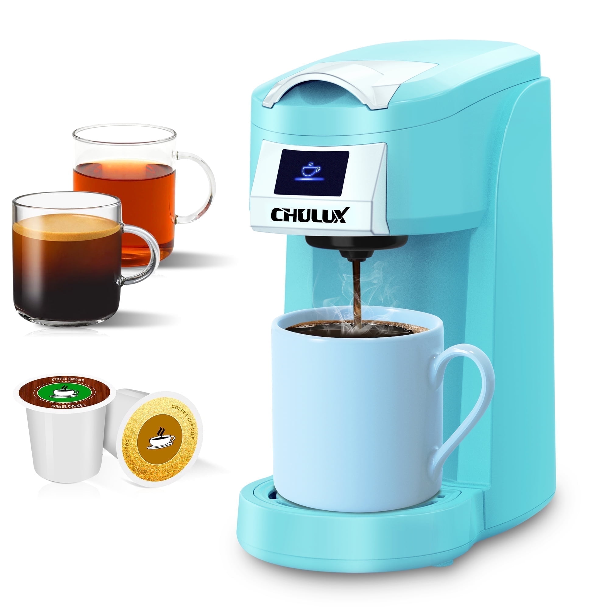 CHULUX Single Serve Coffee Maker for K Pod & Ground Coffee, Cyan ...