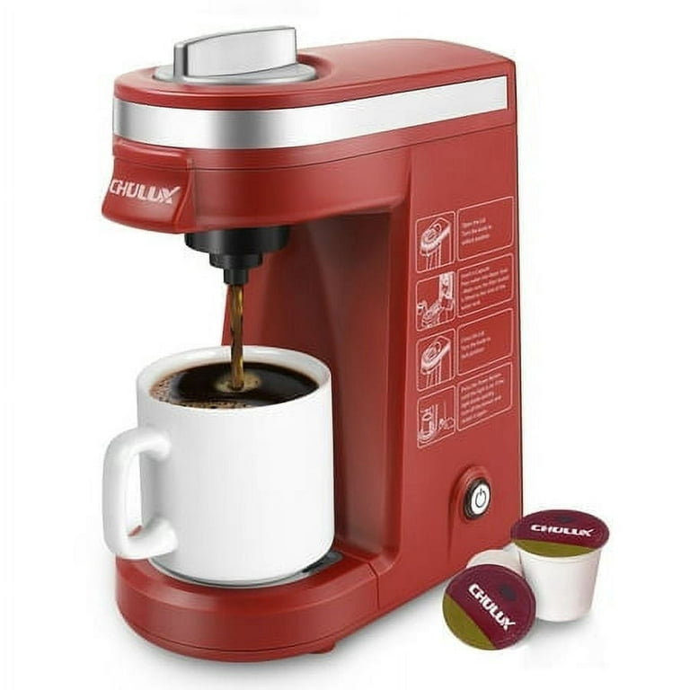 CHULUX Mini Coffee Maker Single Serve, Travel One Cup Pod Coffee Maker for  K Cup & Ground Coffee, Coffee Machine with 5 to 12oz Brew Sizes, Red