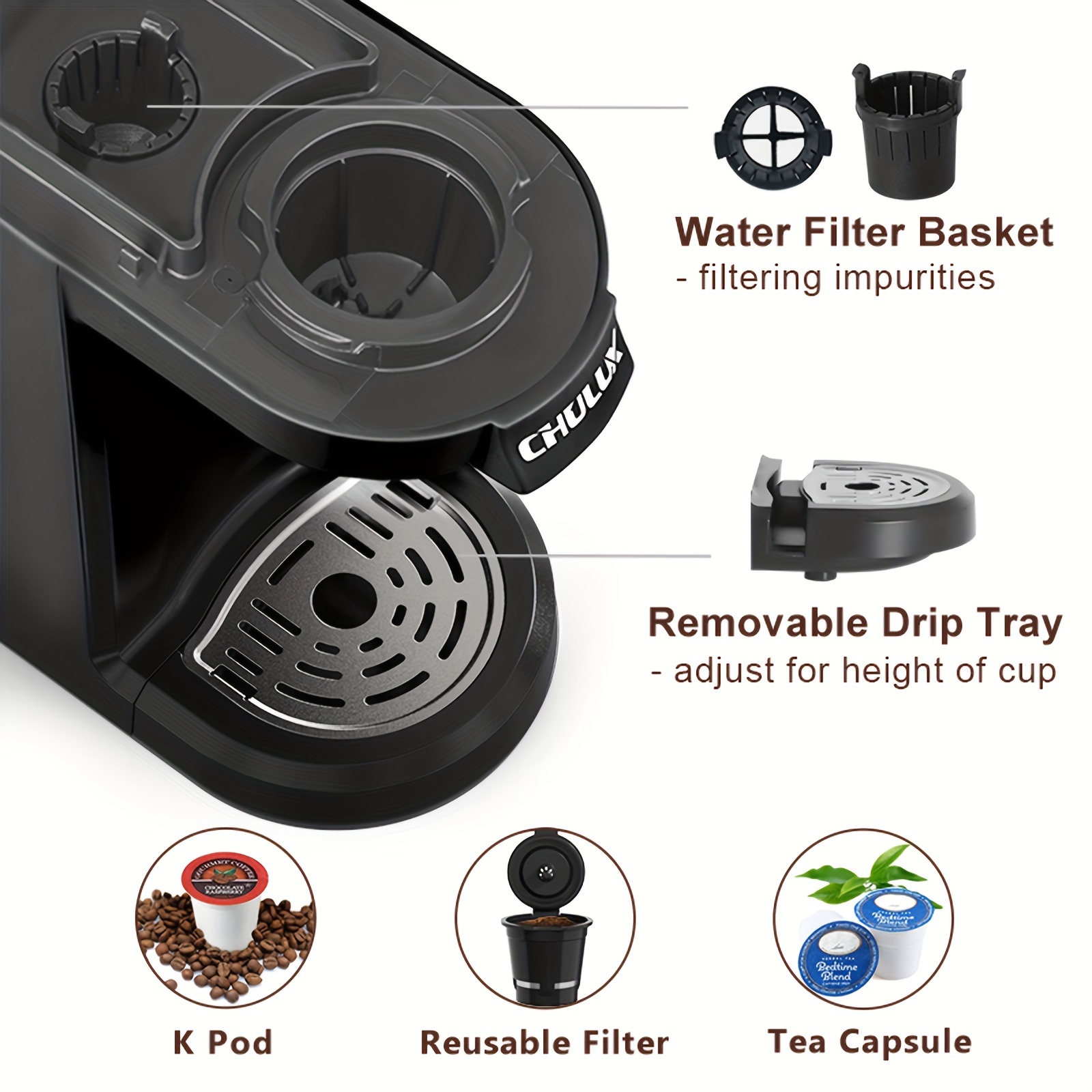 CHULUX Single Cup Coffee Maker with Reusable Filter for KCup Coffee
