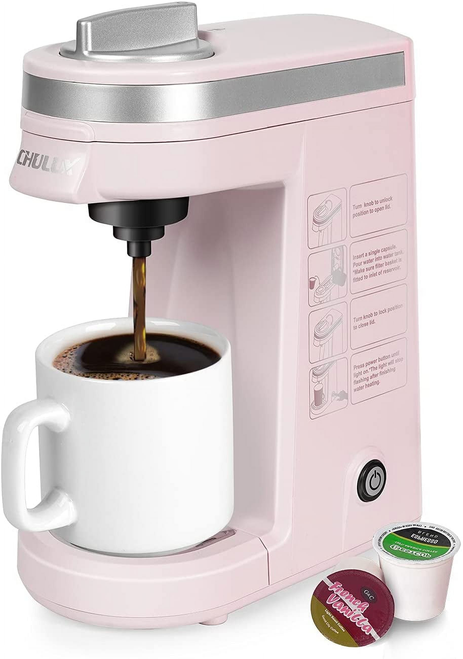 CHULUX Single Serve Coffee Maker,One Button Operation with Auto Shut-Off  for Coffee and Tea with 5 to 12 Ounce,Pink