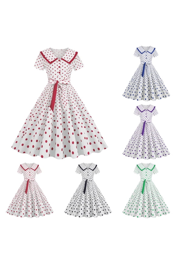 1950s Dresses for Women Vintage Rockabilly Retro Short Sleeve Bow Tie Midi Dress Cocktail Party Evening Prom Gown Summer Casual