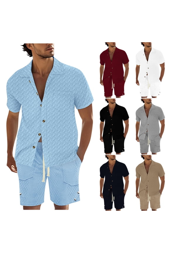 2 Piece Sets for Men Button Down Collared Short Sleeve Shirts and Drawstring Shorts Textured Tracksuit Walking Suits Summer Trendy Casual Outfits