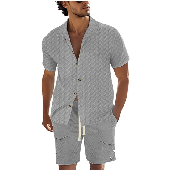 CHUMUD 2 Piece Sets for Men Button Down Collared Short Sleeve Shirts and Drawstring Shorts Textured Tracksuit Walking Suits Summer Trendy Casual Outfits