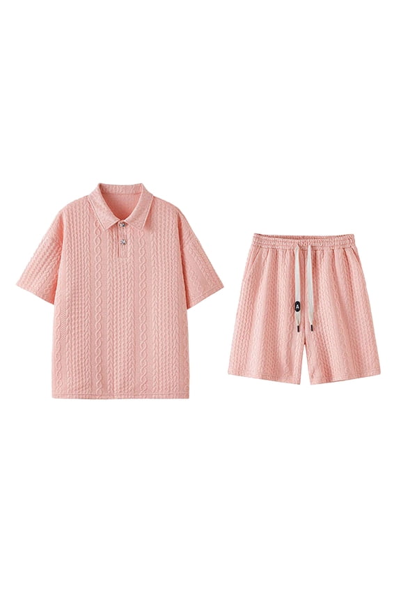 2 Piece Sets for Men Colorful Half Button Collared Short Sleeve Shirts and Drawstring Shorts Textured Tracksuit Walking Suits Summer Trendy Casual Outfits (Avail for Big and Tall)