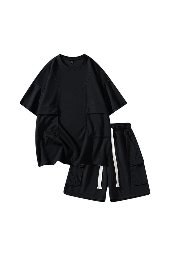 2 Piece Sets for Men Crew Neck Short Sleeve T Shirts and Drawstring Cargo Shorts with Mutil Pockets Workout Clothes Athletic Set Summer Trendy Casual Outfits