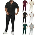 thumbnail image 1 of CHUMUD 2 Piece Sets for Men Summer Outfits Cargo Set Button Down Collared Short Sleeve Shirts and Drawstring Long Pants Tracksuits Hiking Going Out Casual, 1 of 9