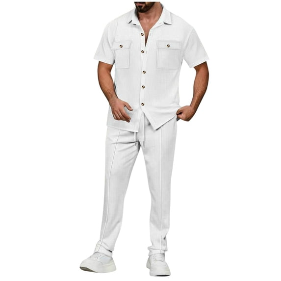 CHUMUD 2 Piece Sets for Men Summer Outfits Cargo Set Button Down Collared Short Sleeve Shirts and Drawstring Long Pants Tracksuits Hiking Going Out Casual