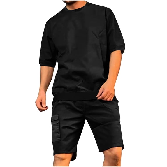 CHUMUD 2 Piece Sets for Men Summer Outfits Crew Neck 3/4 Sleeve Shirts and Eastic Waisted Cargo Shorts with Pockets Casual Hiking Running Tracksuits Clothing