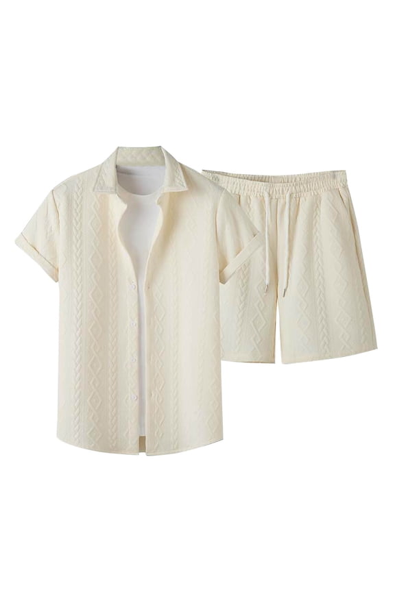 2 Piece Sets for Men Summer Outfits Hawaiian Matching Set Textured Classy Button Down Roll on Short Sleeve Shirts and Drawstring Shorts Casual Beach Vacation Clothing