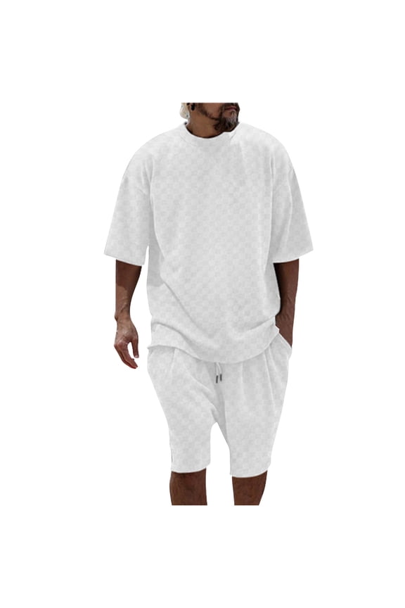 2 Piece Sets for Men Summer Outfits Textured Classy Crew Neck Short Sleeve T Shirts and Eastic Waisted Shorts with Pockets Casual Plaid Clothing