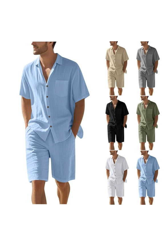 2 Piece Sets for Men Button Down Collared Short Sleeve Shirts and Eastic Waisted Shorts Walking Suits Summer Trendy Casual Outfits