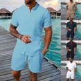 thumbnail image 1 of CHUMUD 2 Piece Sets for Men Button Down Mock Neck Short Sleeve Shirts and Drawstring Shorts Walking Suits Summer Trendy Casual Outfits, 1 of 6