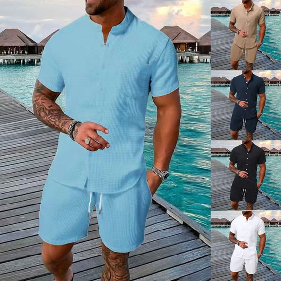 CHUMUD 2 Piece Sets for Men Button Down Mock Neck Short Sleeve Shirts and Drawstring Shorts Walking Suits Summer Trendy Casual Outfits