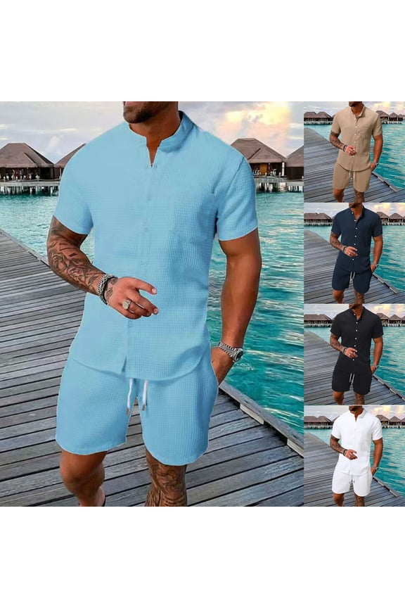 2 Piece Sets for Men Button Down Mock Neck Short Sleeve Shirts and Drawstring Shorts Walking Suits Summer Trendy Casual Outfits