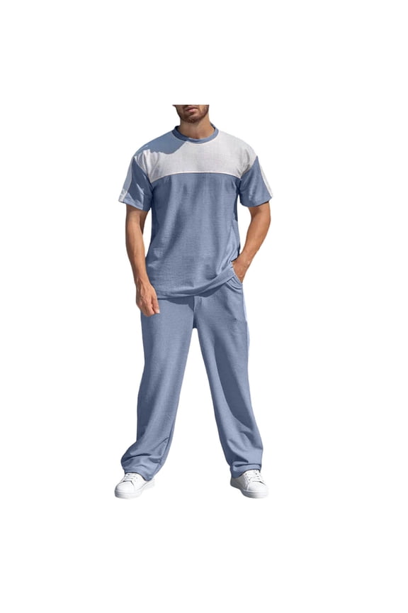 2 Piece Sets for Men Crew Neck Short Sleeve T Shirts and Eastic Waisted Trousers with Pockets Set Summer Trendy Casual Outfits
