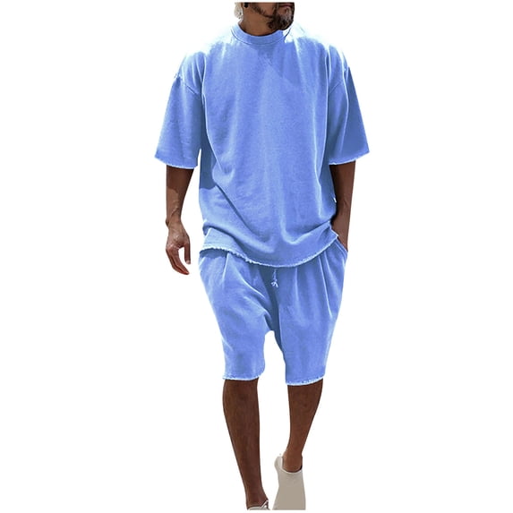 CHUMUD 2 Piece Sets for Men Summer Outfits Crew Neck Short Sleeve T Shirts and Eastic Waisted Shorts with Pockets Casual Solid Color Clothing